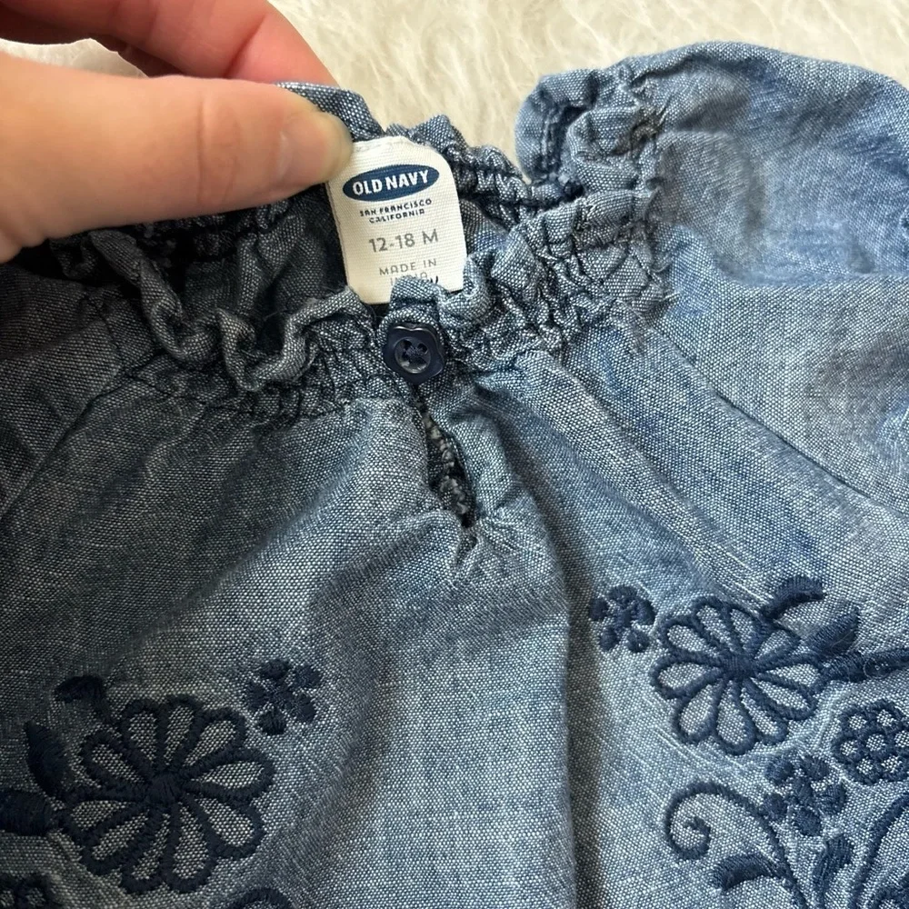Old Navy Denim Romper Bubble with Navy Floral Design and Ruffles